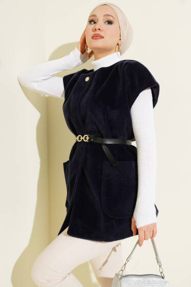 Tek Düğmeli Kemerli Sakallı Yelek Lacivert - Yelek