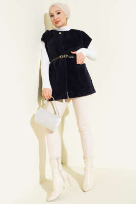 Tek Düğmeli Kemerli Sakallı Yelek Lacivert - Yelek