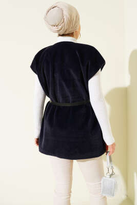 Tek Düğmeli Kemerli Sakallı Yelek Lacivert - Yelek