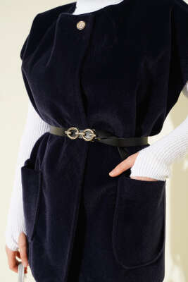 Tek Düğmeli Kemerli Sakallı Yelek Lacivert - Yelek