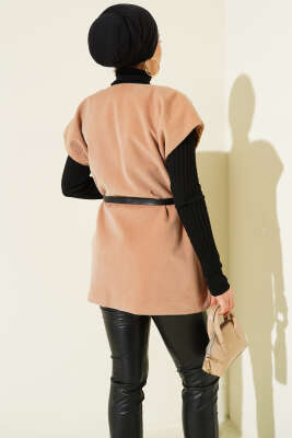 Tek Düğmeli Kemerli Sakallı Yelek Latte - Yelek