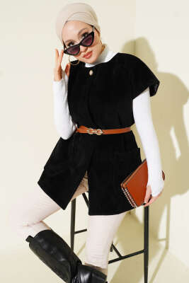 Tek Düğmeli Kemerli Sakallı Yelek Siyah - VAV TEKSTİL