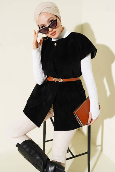 Tek Düğmeli Kemerli Sakallı Yelek Siyah - Yelek