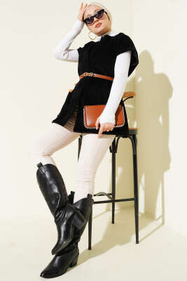 Tek Düğmeli Kemerli Sakallı Yelek Siyah - Yelek