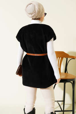 Tek Düğmeli Kemerli Sakallı Yelek Siyah - Yelek