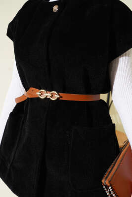 Tek Düğmeli Kemerli Sakallı Yelek Siyah - Yelek