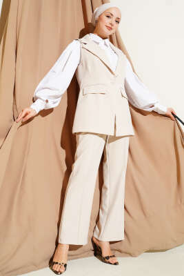 Tek Düğmeli Kruvaze Yaka Yelekli Takım Bej - DUFON