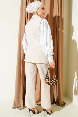 Tek Düğmeli Kruvaze Yaka Yelekli Takım Bej - İkili Takım