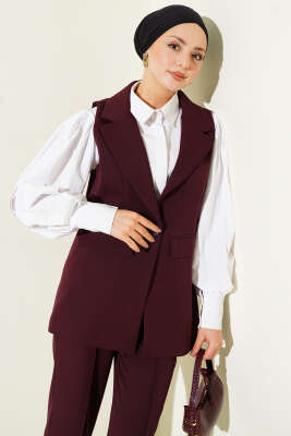 Tek Düğmeli Kruvaze Yaka Yelekli Takım Burgonya - İkili Takım