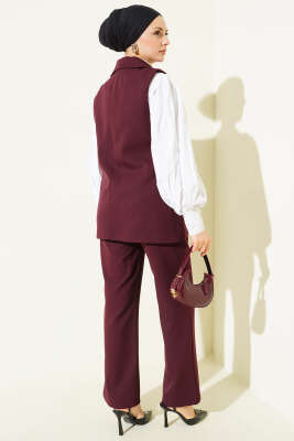 Tek Düğmeli Kruvaze Yaka Yelekli Takım Burgonya - İkili Takım