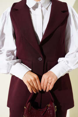 Tek Düğmeli Kruvaze Yaka Yelekli Takım Burgonya - İkili Takım