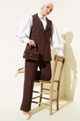 Tek Düğmeli Kruvaze Yaka Yelekli Takım Kahve - DUFON