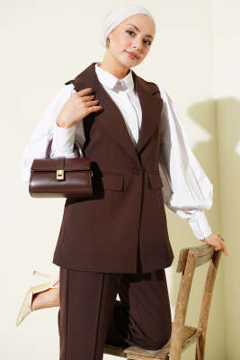 Tek Düğmeli Kruvaze Yaka Yelekli Takım Kahve - İkili Takım