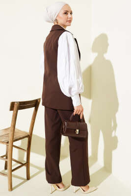 Tek Düğmeli Kruvaze Yaka Yelekli Takım Kahve - İkili Takım