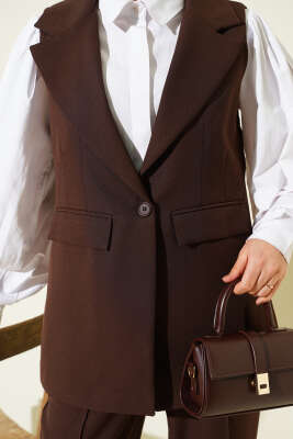 Tek Düğmeli Kruvaze Yaka Yelekli Takım Kahve - İkili Takım