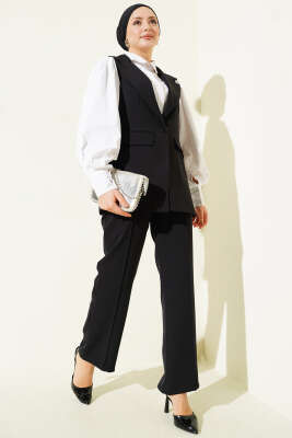 Tek Düğmeli Kruvaze Yaka Yelekli Takım Siyah - DUFON