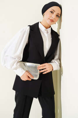 Tek Düğmeli Kruvaze Yaka Yelekli Takım Siyah - İkili Takım