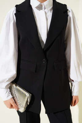 Tek Düğmeli Kruvaze Yaka Yelekli Takım Siyah - İkili Takım