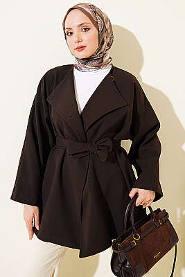 Tek Düğmeli Kuşaklı Ceket Acı Kahve - VAV TEKSTİL