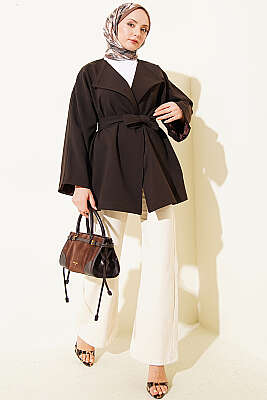 Tek Düğmeli Kuşaklı Ceket Acı Kahve - Ceket