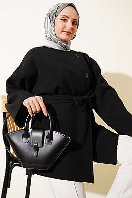 Tek Düğmeli Kuşaklı Ceket Siyah 