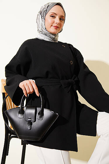 Tek Düğmeli Kuşaklı Ceket Siyah - Ceket