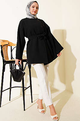 Tek Düğmeli Kuşaklı Ceket Siyah - Ceket