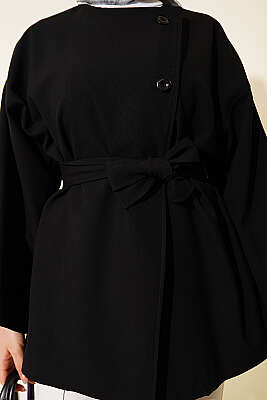 Tek Düğmeli Kuşaklı Ceket Siyah - Ceket