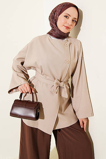 Tek Düğmeli Kuşaklı Ceket Taş - Ceket