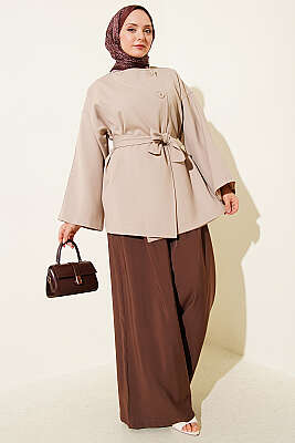 Tek Düğmeli Kuşaklı Ceket Taş - Ceket