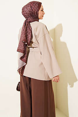 Tek Düğmeli Kuşaklı Ceket Taş - Ceket