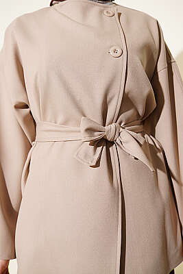 Tek Düğmeli Kuşaklı Ceket Taş - Ceket