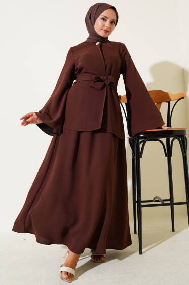 Tek Düğmeli Kuşaklı Dabıl İkili Takım Acı Kahve - İkili Takım