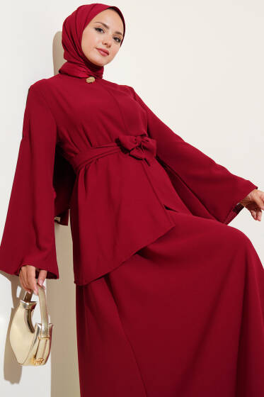 Tek Düğmeli Kuşaklı Dabıl İkili Takım Bordo - İkili Takım
