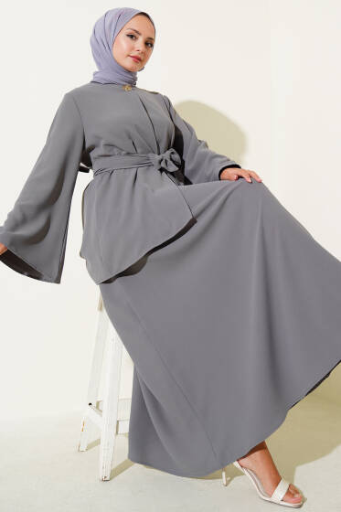 Tek Düğmeli Kuşaklı Dabıl İkili Takım Gri - İkili Takım