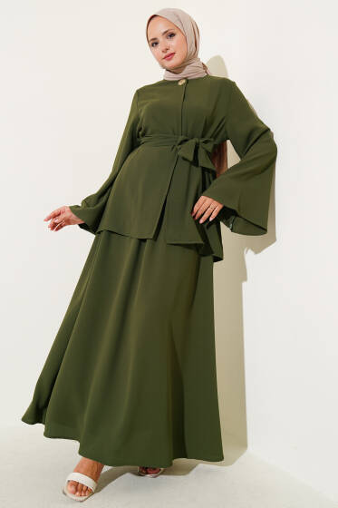 Tek Düğmeli Kuşaklı Dabıl İkili Takım Haki - İkili Takım