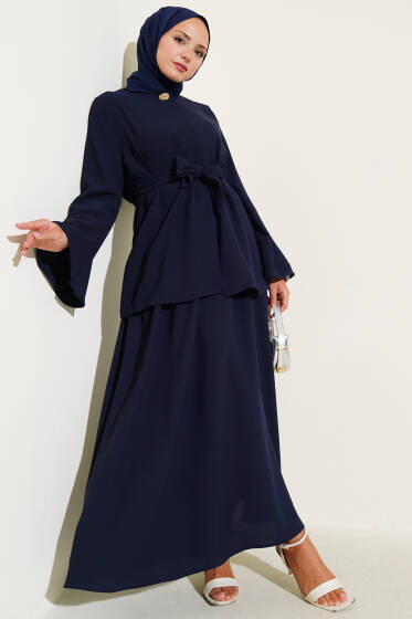 Tek Düğmeli Kuşaklı Dabıl İkili Takım Lacivert - İkili Takım