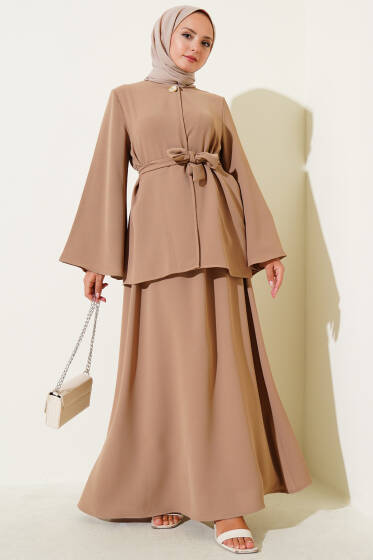 Tek Düğmeli Kuşaklı Dabıl İkili Takım Latte - İkili Takım