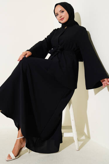 Tek Düğmeli Kuşaklı Dabıl İkili Takım Siyah - İkili Takım