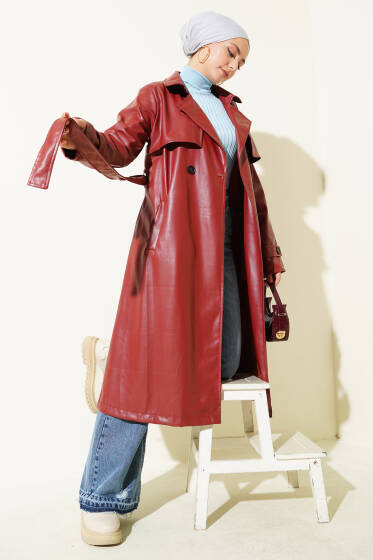 Tek Düğmeli Kuşaklı Deri Trençkot Bordo - Trençkot