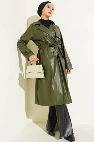 Tek Düğmeli Kuşaklı Deri Trençkot Haki - Trençkot