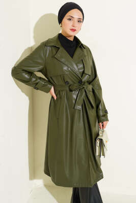 Tek Düğmeli Kuşaklı Deri Trençkot Haki - Trençkot