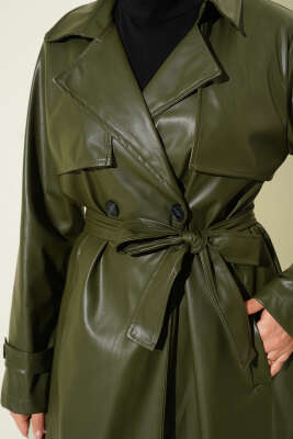 Tek Düğmeli Kuşaklı Deri Trençkot Haki - Trençkot