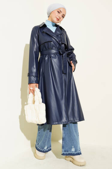 Tek Düğmeli Kuşaklı Deri Trençkot Lacivert - Trençkot