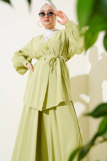 Tek Düğmeli Kuşaklı Oversize İkili Takım Çağla Yeşili - İkili Takım