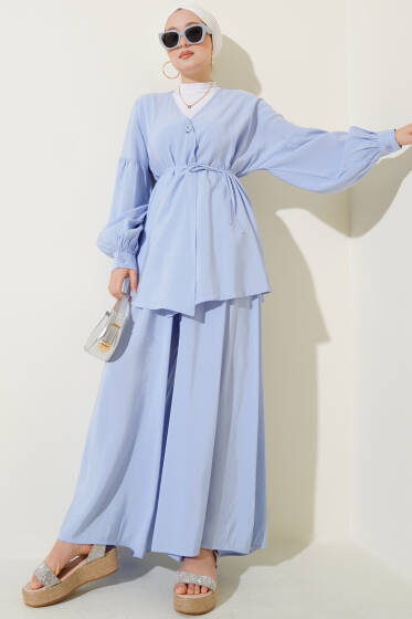 Tek Düğmeli Kuşaklı Oversize İkili Takım Mavi - İkili Takım