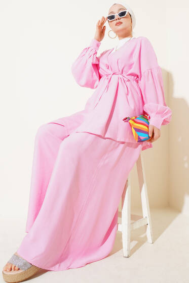 Tek Düğmeli Kuşaklı Oversize İkili Takım Pembe - İkili Takım