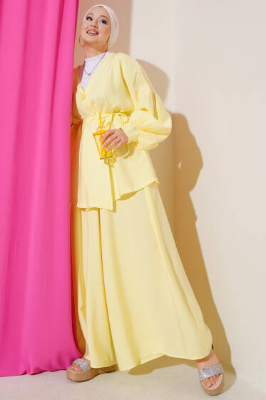 Tek Düğmeli Kuşaklı Oversize İkili Takım Sarı - İkili Takım