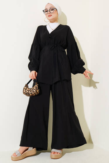 Tek Düğmeli Kuşaklı Oversize İkili Takım Siyah - İkili Takım