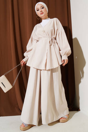 Tek Düğmeli Kuşaklı Oversize İkili Takım Taş - İkili Takım